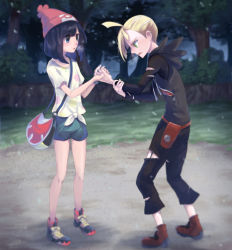 Rule 34 | 1boy, 1girl, bad id, bad pixiv id, bare legs, beanie, black hair, blonde hair, blue eyes, comic, commentary request, creatures (company), forest, full body, game freak, gladion (pokemon), green eyes, hair over one eye, hat, hetero, holding hands, hood, hoodie, karo karo, nature, nintendo, open mouth, outdoors, plant, pokemon, pokemon sm, red hat, selene (pokemon), shirt, short hair, short sleeves, t-shirt