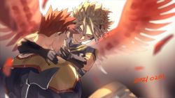 Rule 34 | 2boys, bara, blonde hair, blue bodysuit, blue eyes, blurry, blurry background, bodysuit, boku no hero academia, endeavor (boku no hero academia), facial hair, feathered wings, feathers, hawks (boku no hero academia), koooogasya, male focus, mature male, multiple boys, muscular, muscular male, pectorals, red hair, red wings, scar, scar across eye, scar on face, serious, short hair, sideburns, spiked hair, spread wings, stubble, upper body, wings