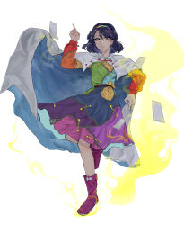 Rule 34 | 1girl, absurdres, blue eyes, blue hair, bow, cape, card, cloak, dress, from below, full body, hairband, highres, idkrn, looking at viewer, looking down, multicolored clothes, multicolored dress, multicolored hairband, patchwork clothes, pointing, pointing down, pointing up, purple footwear, rainbow gradient, red button, short hair, sky print, solo, tenkyuu chimata, touhou, two-sided cape, two-sided fabric, unconnected marketeers, white cape, white cloak