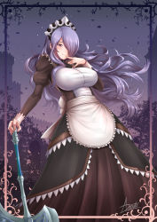 Rule 34 | 1girl, adsouto, apron, axe, breasts, camilla (fire emblem), finger to mouth, fire emblem, fire emblem fates, hair over one eye, highres, long hair, looking at viewer, maid, maid apron, maid headdress, nintendo, purple hair, solo