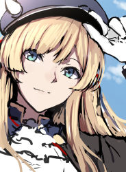 Rule 34 | 1girl, ascot, azur lane, black jacket, blonde hair, blue eyes, blue sky, closed mouth, cloud, day, gloves, hand on headwear, hand on own hip, hat, jacket, kongou (azur lane), looking at viewer, nagioka, sketch, sky, smile, solo, upper body, white ascot, white gloves