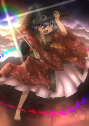 Rule 34 | 1girl, absurdres, bowl, bowl hat, cloud, cloudy sky, futsuu (lowerkiller), gradient background, hand on headwear, hat, highres, japanese clothes, kimono, lens flare, long sleeves, looking at viewer, mountain, needle, open mouth, purple hair, red eyes, short hair, sky, solo, standing, standing on one leg, sukuna shinmyoumaru, sun, touhou, wide sleeves