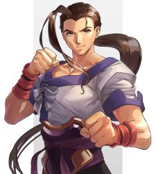 Rule 34 | 1boy, asagi (banzoku210), black hair, clenched hand, closed mouth, fei fong wong, fighting stance, highres, long hair, male focus, ponytail, single hair intake, smile, solo, upper body, white background, xenogears