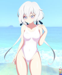 Rule 34 | 1girl, beach, blue eyes, blue sky, bottle, commentary request, competition swimsuit, cowboy shot, day, highleg, highleg swimsuit, highres, horizon, konno junko, looking at viewer, low twintails, ocean, one-piece swimsuit, outdoors, pirochi, sky, solo, standing, swimsuit, twintails, waves, white hair, white one-piece swimsuit, zombie land saga