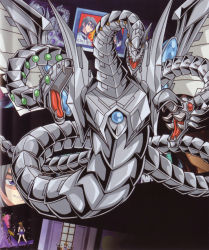 Rule 34 | 00s, 1girl, 2boys, android, armor, cyber end dragon, dragon, duel monster, fangs, full armor, highres, looking at viewer, mecha, multiple boys, official art, robot, scan, sharp teeth, tail, teeth, wings, yu-gi-oh!, yu-gi-oh! gx