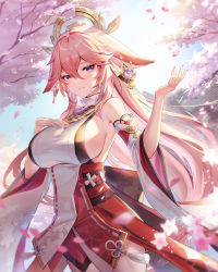 Rule 34 | 1girl, animal ears, anzumame, bare shoulders, blue sky, blush, breasts, cherry blossoms, cowboy shot, day, detached sleeves, fox ears, genshin impact, hair between eyes, hair ornament, hand on own chest, high-waist skirt, highres, jewelry, large breasts, long hair, long sleeves, looking at viewer, necklace, outdoors, parted lips, petals, pink hair, purple eyes, red skirt, sideboob, signature, skirt, sky, smile, solo, sparkle, sunlight, very long hair, wide sleeves, yae miko