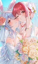 Rule 34 | 2girls, animal ears, blowing kiss, blue hair, bouquet, breasts, bridal veil, cleavage, detached collar, dress, earrings, flower, hair flower, hair ornament, highres, holding, holding bouquet, hololive, houshou marine, jewelry, long hair, looking at viewer, multiple girls, necklace, rabbit ears, rabbit girl, red eyes, red hair, shuri (84k), smile, usada pekora, veil, virtual youtuber, wedding dress, white dress, wife and wife, yuri