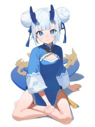 Rule 34 | 1girl, alternate costume, barefoot, blue dress, blue hair, china dress, chinese clothes, cleavage cutout, clothing cutout, double bun, dragon horns, dragon tail, dress, flat chest, full body, hair bun, highres, horns, long hair, looking at viewer, multicolored hair, original, short dress, simple background, solo, streaked hair, tail, very long hair, white background, white hair, wuju (1198979953)