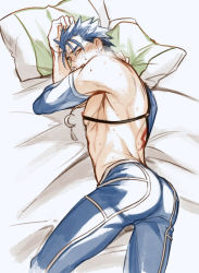 Rule 34 | 1boy, ass, back tattoo, bed sheet, blue hair, blue pants, cowboy shot, crescent, crescent necklace, cu chulainn (fate), cu chulainn (fate/stay night), cu chulainn (second ascension) (fate), fate/grand order, fate/stay night, fate (series), hair strand, jewelry, looking at viewer, makina (nikki m7 ), male focus, messy hair, necklace, official alternate costume, pants, pillow, red eyes, skin tight, sweat, tattoo
