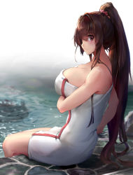Rule 34 | 10s, 1girl, arm support, breasts, brown hair, cherry blossoms, cleavage, collarbone, drain (object), from side, hair intakes, kantai collection, large breasts, long hair, looking at viewer, naked towel, onsen, ponytail, pool, poolside, red eyes, sitting, smile, solo, takeichi yui, tile floor, tiles, towel, upper body, white towel, yamato (kancolle)