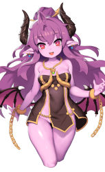Rule 34 | 1girl, ahoge, black dress, borrowed character, breasts, bright pupils, chain, colored skin, cropped legs, cuffs, demon girl, demon wings, dress, earrings, gold trim, highres, horns, jewelry, kinjo kuromomo, long hair, looking at viewer, low wings, medium breasts, ming (mg), necklace, no panties, open mouth, original, pointy ears, purple hair, purple skin, red eyes, shiny skin, short dress, simple background, smile, solo, standing, teeth, white background, wings
