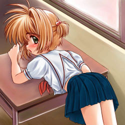 Rule 34 | 1girl, blush, brown hair, cardcaptor sakura, classroom, desk, female focus, flat chest, focke wulf, from behind, from side, green eyes, hair bobbles, hair ornament, indoors, kinomoto sakura, legs together, looking at viewer, looking back, lowres, lying, on desk, on stomach, open mouth, profile, school uniform, short hair, short twintails, solo, twintails, window
