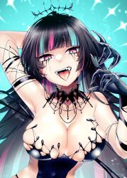 Rule 34 | 1girl, artist request, black collar, black dress, black hair, blue eyes, blue hair, breasts, collar, detached collar, dress, emma llama, fangs, floating hair ornament, highres, indie virtual youtuber, ink, large breasts, liquid clothes, liquid from eyes, long hair, multicolored hair, open mouth, pink eyes, pink hair, shiny skin, solo, streaked hair, teeth, tongue, tongue out, two-tone eyes