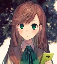 Rule 34 | 1girl, bad id, bad twitter id, blush, bow, brown hair, cellphone, commentary request, green bow, green eyes, hair down, holding, holding phone, long hair, looking at viewer, nanase (under night in-birth), phone, school uniform, smartphone, solo, suzunashi, sweater vest, swept bangs, tree, under night in-birth, upper body, wing collar