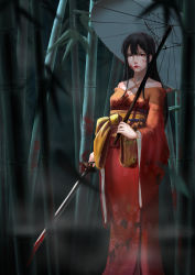 Rule 34 | 1girl, absurdres, bamboo, bamboo forest, bare shoulders, bell, black hair, blood, blood on face, bloody weapon, breasts, brown eyes, closed mouth, eyelashes, floral print, forest, highres, holding, holding sword, holding umbrella, holding weapon, japanese clothes, jingle bell, katana, kimono, leaf, lipstick, long hair, long sleeves, looking at viewer, makeup, nature, night, obi, off shoulder, oil-paper umbrella, original, plant, red lips, sash, smeared lipstick, solo, sprog, sword, umbrella, weapon, wide sleeves