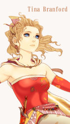 Rule 34 | 1990s (style), 1girl, amano yoshitaka design, bad id, bad pixiv id, blonde hair, blue eyes, breasts, cape, character name, cs-zero, detached sleeves, dissidia final fantasy, dress, earrings, female focus, final fantasy, final fantasy vi, gloves, highres, jewelry, pantyhose, ponytail, retro artstyle, ribbon, simple background, solo, sword, tina branford, weapon