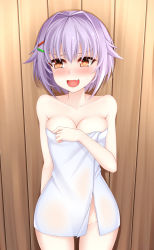 Rule 34 | 10s, 1girl, :d, blush, breasts, brown eyes, cleavage, covering privates, covering breasts, cowboy shot, fang, hair flaps, hair ornament, hairclip, healther, highres, idolmaster, idolmaster cinderella girls, koshimizu sachiko, looking away, medium breasts, naked towel, open mouth, purple hair, short hair, smile, solo, sweatdrop, towel, wooden wall