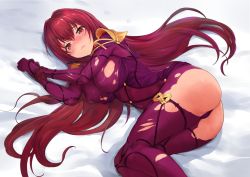 Rule 34 | 1girl, armor, ass, assisted exposure, bdsm, bodysuit, bondage, bound, bound wrists, breasts, crystal shoujo, fate/grand order, fate (series), hair intakes, large breasts, long hair, looking at viewer, pauldrons, purple bodysuit, purple hair, red eyes, scathach (fate), shoulder armor, solo, torn clothes