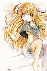 Rule 34 | 1girl, bare shoulders, barefoot, black vest, blonde hair, bloomers, blush, bow, braid, closed mouth, collarbone, fang, feet out of frame, green bow, hair between eyes, hair bow, highres, kirisame marisa, long hair, looking at viewer, lying, midriff, mouth hold, navel, no headwear, no pants, no shirt, no shoes, no socks, on back, painting (medium), single braid, skin fang, solo, totoki mea, touhou, traditional media, underwear, vest, watercolor (medium), white bloomers, yellow eyes