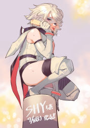 Rule 34 | 1girl, black thighhighs, bukimi isan, character name, commentary request, copyright name, dated, elbow gloves, from side, gloves, glowing, goggles, gradient background, grey hair, hood, hood down, leotard, looking at viewer, over-kneehighs, red eyes, shiny skin, short hair, shy (character), shy (series), solo, squatting, sweat, thighhighs, tongue, tongue out, translation request, white gloves, white leotard
