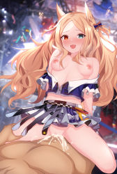 Rule 34 | 1boy, 1girl, absurdres, animal ears, archetto (arknights), arknights, arms behind back, bird ears, blonde hair, blue eyes, blue shirt, blurry, blurry background, blush, breasts, breasts out, censored, chinese commentary, clothed sex, cowgirl position, cum, cum in pussy, dark-skinned male, dark skin, fang, feet out of frame, furrowed brow, girl on top, grey skirt, hetero, heterochromia, highres, long hair, looking at viewer, medium breasts, midriff, miniskirt, mosaic censoring, navel, nipples, no panties, off shoulder, open clothes, open mouth, cum overflow, parted bangs, pussy, red eyes, sex, shirt, skin fang, skirt, smile, solo focus, spread legs, straddling, sweat, sweatdrop, thigh grab, thighs, vaginal, wavy hair, wing228