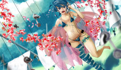 Rule 34 | 1girl, bikini, blue bikini, blue hair, blue thighhighs, blurry, clothes pin, cloud, depth of field, dutch angle, fish, front-tie top, goldfish, leg up, mashiro akira, navel, open mouth, original, patterned legwear, phone, print thighhighs, see-through, short hair, single thighhigh, sky, solo, standing, standing on one leg, surreal, swimsuit, thigh strap, thighhighs, untied