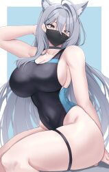 Rule 34 | 1girl, absurdres, ahoge, animal ear fluff, animal ears, arm up, bare arms, black mask, black one-piece swimsuit, blue archive, blue background, blue eyes, border, breasts, choker, commentary request, competition swimsuit, covered mouth, covered navel, cross hair ornament, earrings, extra ears, grey hair, hair intakes, hair ornament, highleg, highleg swimsuit, highres, jewelry, kanta (kanta 077), large breasts, long hair, looking at viewer, mask, mismatched pupils, mouth mask, multicolored clothes, multicolored swimsuit, official alternate costume, one-piece swimsuit, shiroko (blue archive), shiroko (swimsuit) (blue archive), shiroko terror (blue archive), sideboob, single earring, sitting, solo, swimsuit, thick thighs, thigh strap, thighs, very long hair, white border, wolf ears