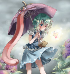 Rule 34 | 1girl, alternate hairstyle, blue eyes, blue hair, blue skirt, blurry, blush, bokeh, bug, butterfly, cross-laced clothes, depth of field, flower, frills, geta, green hair, grey sky, heterochromia, holding, holding umbrella, hydrangea, insect, karakasa obake, leaning forward, matching hair/eyes, motion lines, outdoors, puffy short sleeves, puffy sleeves, red eyes, seidou (tukinomiyako), short hair, short sleeves, short twintails, skirt, sky, solo, tatara kogasa, tongue, touhou, twintails, umbrella, upskirt, vest