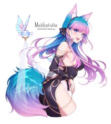 Rule 34 | 1girl, animal ear fluff, animal ears, black dress, black hairband, blue eyes, blue hair, breasts, character name, chimachi, cropped legs, detached sleeves, dress, earrings, fang, hairband, highres, indie virtual youtuber, jewelry, long hair, looking at viewer, medium breasts, melibellule (vtuber), multicolored hair, open mouth, pink hair, see-through, signature, simple background, solo, tail, teeth, upper teeth only, virtual youtuber, white background