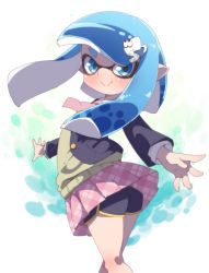 Rule 34 | 1girl, ass, black shorts, blazer, blue eyes, blue hair, dolphin shorts, from behind, hair ornament, hairclip, highres, inkling, inkling girl, inkling player character, jacket, looking back, miniskirt, necktie, nintendo, outstretched arms, plaid, plaid skirt, pointy ears, school uniform, short hair with long locks, short shorts, shorts, shorts under skirt, skirt, smile, solo, splatoon (series), splatoon 2, sweater, tentacle hair, tentacles, wind, wind lift, yuuki (yuyuki000)