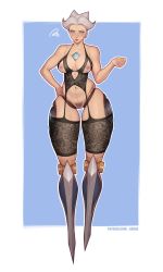 Rule 34 | 1girl, arm at side, asura (asurauser), babydoll, black garter belt, black thighhighs, blue eyes, breasts, camille (league of legends), chest jewel, cleft of venus, collarbone, commentary, cyborg, english commentary, female pubic hair, floral print, full body, garter belt, grey hair, hand on own hip, highres, joints, lace thighhighs, large breasts, league of legends, lingerie, long legs, mechanical legs, mole, mole on stomach, navel, nippleless clothes, nipples, no feet, no panties, outside border, print thighhighs, pubic hair, pussy, ringed eyes, robot joints, short hair, solo, squiggle, thick thighs, thigh gap, thighhighs, thighs, underwear, very short hair
