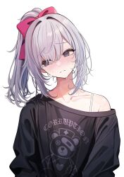 Rule 34 | 1girl, absurdres, black eyes, black shirt, blush, bow, bra strap, closed mouth, collarbone, commentary request, embarrassed, grey hair, hair bow, head tilt, highres, long hair, looking to the side, mole, mole under eye, original, parted bangs, pink bow, ponytail, print shirt, shirt, simple background, single bare shoulder, solo, turisasu, upper body, white background