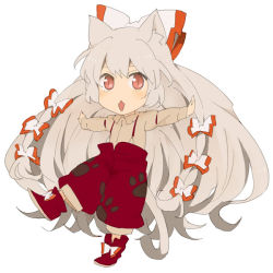 Rule 34 | 1girl, animal ears, cat ears, cat girl, chibi, female focus, fujiwara no mokou, full body, kemonomimi mode, long hair, minakata sunao, open mouth, outstretched arms, ribbon, simple background, slit pupils, solo, spread arms, standing, standing on one leg, touhou, white background