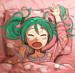 Rule 34 | 1girl, bed, blush stickers, drawfag, fang, green hair, hatsune miku, open mouth, pajamas, pillow, solo, star (symbol), star print, tears, twintails, vocaloid, waking up, yawning
