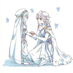 Rule 34 | 1boy, 1girl, aged down, aqua hair, azura (fire emblem), barefoot, bug, butterfly, closed mouth, corrin (fire emblem), corrin (male) (fire emblem), corrin (male) (fire emblem), elbow gloves, fingerless gloves, fire emblem, fire emblem fates, fire emblem heroes, from side, gloves, insect, long hair, nintendo, pointy ears, red eyes, short hair, simple background, smile, standing, veil, white background, white gloves, white hair, yoshihi co