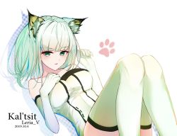 Rule 34 | 1girl, animal ear fluff, animal ears, arknights, artist name, bare shoulders, blush, breasts, cat ears, character name, chinese commentary, dated, dress, elbow gloves, fang, gloves, green dress, green eyes, green gloves, green hair, green thighhighs, hand on own chest, kal&#039;tsit (arknights), large breasts, leria v, looking at viewer, lying, off-shoulder dress, off shoulder, on back, open mouth, parted lips, short hair, silhouette, solo, thighhighs, thighs