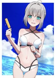 Rule 34 | 1girl, artist request, artoria caster (fate), artoria caster (swimsuit) (fate), artoria caster (swimsuit) (first ascension) (fate), artoria pendragon (fate), bikini, blue eyes, blush, breasts, cloud, cloudy sky, fate/grand order, fate (series), food, gray (fate), grey hair, lord el-melloi ii case files, navel, ocean, popsicle, short hair, sky, small breasts, solo, swimsuit, tagme, water, white bikini
