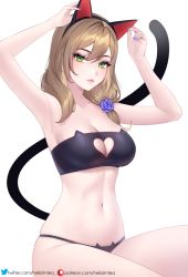 Rule 34 | 1girl, animal ears, armpits, arms up, bare legs, black bow, black bowtie, black bra, black panties, blue nails, bow, bowtie, bra, breasts, brown hair, cat cutout, cat ear panties, cat ears, cat lingerie, cat tail, cleavage, closed mouth, clothing cutout, detached collar, fake animal ears, flower, genshin impact, green eyes, hair flower, hair ornament, helloimtea, highres, large breasts, lisa (genshin impact), long hair, looking at viewer, meme attire, nail polish, navel, panties, patreon username, solo, tail, twitter username, underwear, white background, wrist cuffs