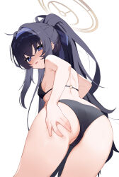 Rule 34 | 1girl, absurdres, ass, bikini, black bikini, black hair, blue archive, blue eyes, blue hairband, blue ribbon, breasts, brown halo, commentary request, from behind, hair ribbon, hairband, halo, highres, long hair, looking at viewer, looking back, o-ring, o-ring bikini, o-ring top, official alternate costume, ponytail, ribbon, simple background, small breasts, solo, swimsuit, thighs, ui (blue archive), ui (swimsuit) (blue archive), very long hair, white background, xiaoyu chiaki