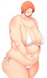 Rule 34 | 1girl, blush, breasts, cleavage, fat, highres, huge breasts, obese, orange hair, shimejix, short hair, solo, swimsuit