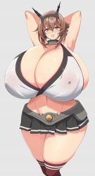 Rule 34 | 1girl, armored skirt, armpits, arms behind head, arms up, bikini, blush, breasts, brown hair, choker, cleavage, covered erect nipples, curvy, gigantic breasts, green eyes, hair between eyes, hair ornament, hairband, highres, kantai collection, kloah, knees up, looking at viewer, medium hair, mutsu (kancolle), navel, parted lips, shiny skin, sidelocks, simple background, skindentation, skirt, smile, solo, standing, swimsuit, thick thighs, thighhighs, thighs, wide hips