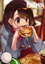 Rule 34 | 1girl, blurry, blurry background, blush, brown eyes, brown hair, burger, cardigan, copyright name, creatures (company), cup, depth of field, disposable cup, dress, drinking straw, eating, food, food in mouth, french fries, fumi t204, game freak, gloria (pokemon), green hat, grey cardigan, hat, highres, holding, holding food, hood, indoors, long sleeves, nintendo, pink dress, pokemon, pokemon swsh, short hair, sitting, solo, swept bangs, tam o&#039; shanter, tomato, unworn hat, unworn headwear, upper body