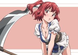 Rule 34 | 1girl, breasts, brown background, cleavage, commentary, female focus, gyouza (mhea5724), hair bobbles, hair ornament, highres, large breasts, leaning forward, looking at viewer, onozuka komachi, open mouth, red eyes, red hair, sash, scythe, shiny skin, short sleeves, simple background, solo, touhou, twintails, two side up