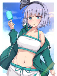 1girl :q bikini bikini_shorts black_hairband blue_sky breasts cleavage closed_mouth cloud cloudy_sky collarbone day food green_eyes green_jacket grey_hair hairband highres holding holding_food ice_cream jacket konpaku_youmu konpaku_youmu_(sunny_dual-wielder) light_blush long_hair looking_at_viewer medium_breasts navel nose outdoors popsicle rimasu71 short_hair shorts sky smile solo swimsuit tongue tongue_out touhou touhou_lostword upper_body white_bikini