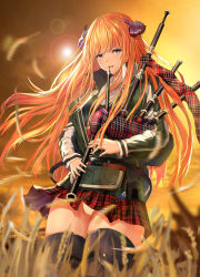 Rule 34 | 1girl, :d, a-by, absurdres, arknights, bagpipe (arknights), bagpipes, black thighhighs, blue eyes, commentary request, cowboy shot, grass, green jacket, highres, holding, holding instrument, horns, instrument, jacket, lens flare, long hair, long sleeves, looking at viewer, miniskirt, music, open mouth, orange hair, outdoors, panties, pantyshot, plaid, plaid skirt, playing instrument, red skirt, skirt, smile, solo, standing, thighhighs, thighs, underwear, very long hair, white panties