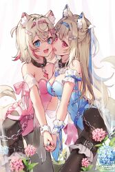 Rule 34 | 2girls, animal ear fluff, animal ears, belt, belt collar, black collar, black pantyhose, blonde hair, blue belt, blue eyes, blue hair, blue leotard, blue nails, breast press, breasts, bunny day, cleavage, collar, dog ears, dog girl, dog tail, fangs, fuwawa abyssgard, fuwawa abyssgard (1st costume), hair ornament, hairpin, highres, hololive, hololive english, interlocked fingers, kobutanori, large breasts, leotard, long hair, looking at viewer, medium hair, mococo abyssgard, multicolored hair, multiple girls, nail polish, open mouth, pantyhose, pink belt, pink eyes, pink hair, pink leotard, pink nails, playboy bunny, siblings, sisters, skin fangs, small breasts, smile, spiked collar, spikes, streaked hair, symmetrical docking, tail, thigh belt, thigh strap, twins, virtual youtuber, x hair ornament