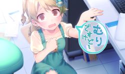 Rule 34 | 1girl, @ @, alternate hairstyle, aqua dress, blonde hair, blouse, chair, commentary, desk, diary, dot nose, dress, drill hair, earrings, envelope, hair ornament, hand on own chest, highres, idolmaster, idolmaster cinderella girls, jewelry, keyboard, morikubo nono, nervous, office, office chair, on one knee, open mouth, puffy sleeves, shirt, solo, speech bubble, stud earrings, swivel chair, twin drills, two side up, uso (ameuzaki)
