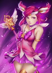 Rule 34 | 1girl, alternate costume, alternate hair color, alternate hairstyle, bow, bowtie, breasts, choker, gloves, league of legends, lux (league of legends), magical girl, pink hair, pleated skirt, skirt, star guardian (league of legends), star guardian lux, tiara, twintails