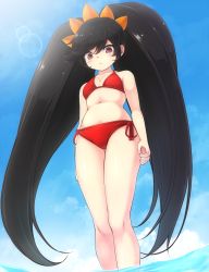 Rule 34 | 1girl, :&lt;, arms at sides, ashley (warioware), bad id, bad pixiv id, big hair, bikini, black hair, blush, breasts, cleavage, closed mouth, cloud, feet out of frame, from below, hair between eyes, hairband, komimiyako, legs together, lens flare, long hair, looking down, navel, nintendo, orange hairband, outdoors, red bikini, red eyes, shiny skin, side-tie bikini bottom, sidelocks, small breasts, solo, stomach, swept bangs, swimsuit, thighs, twintails, very long hair, wading, warioware, water