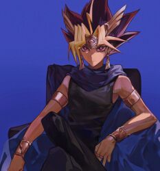 Rule 34 | 1boy, armlet, atem, black hair, black pants, black shirt, blonde hair, blue background, blue cape, bracelet, bright pupils, cape, chair, chinese commentary, commentary, crossed legs, crown, dangle earrings, dark skin, earrings, gold, highres, jewelry, male focus, multicolored hair, naoki (2rzmcaizerails6), on chair, pants, purple eyes, red hair, ring, serious, shirt, sitting, sleeveless, sleeveless shirt, solo, upper body, yu-gi-oh!, yu-gi-oh! duel monsters